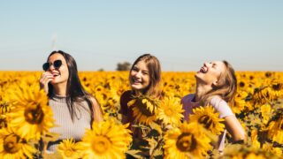 woman in white and black striped shirt standing on yellow sunflower field during daytime