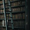 library shelf near black wooden ladder