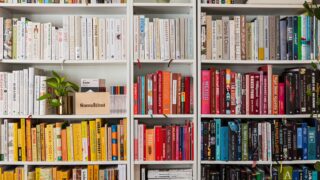 books on white wooden shelf