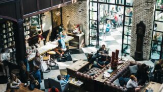 aerial photo of people on bar